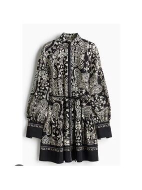 H&M Black/Cream Paisley Long Sleeve Dress